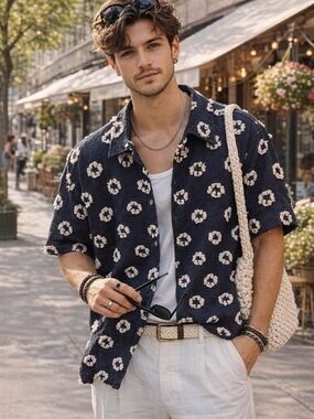 Men's Floral Short-Sleeve Button-Up Shirt